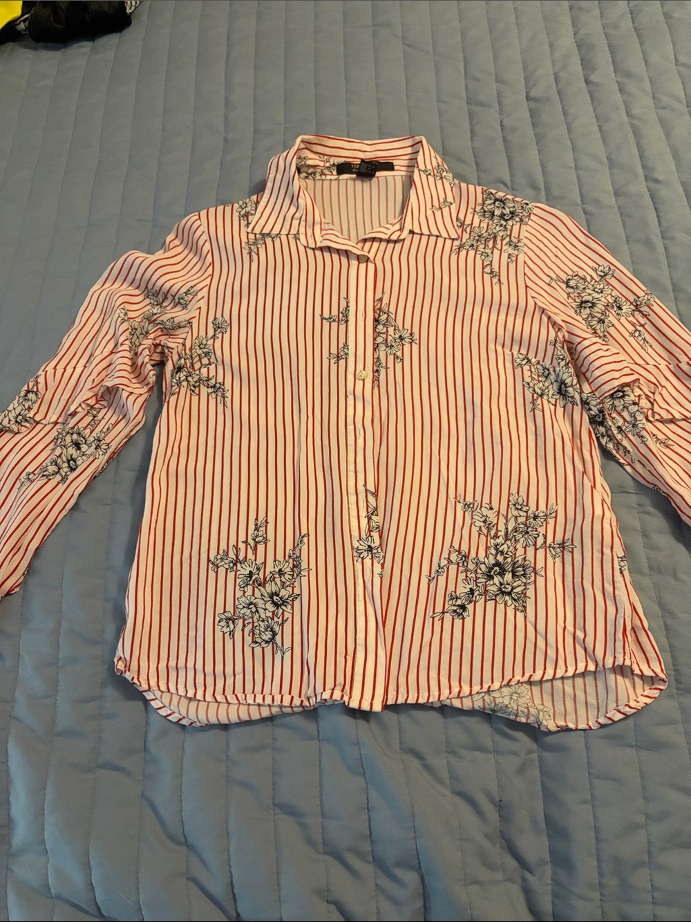 Forever 21 Red and White Striped Button-Down with Black Floral Accents